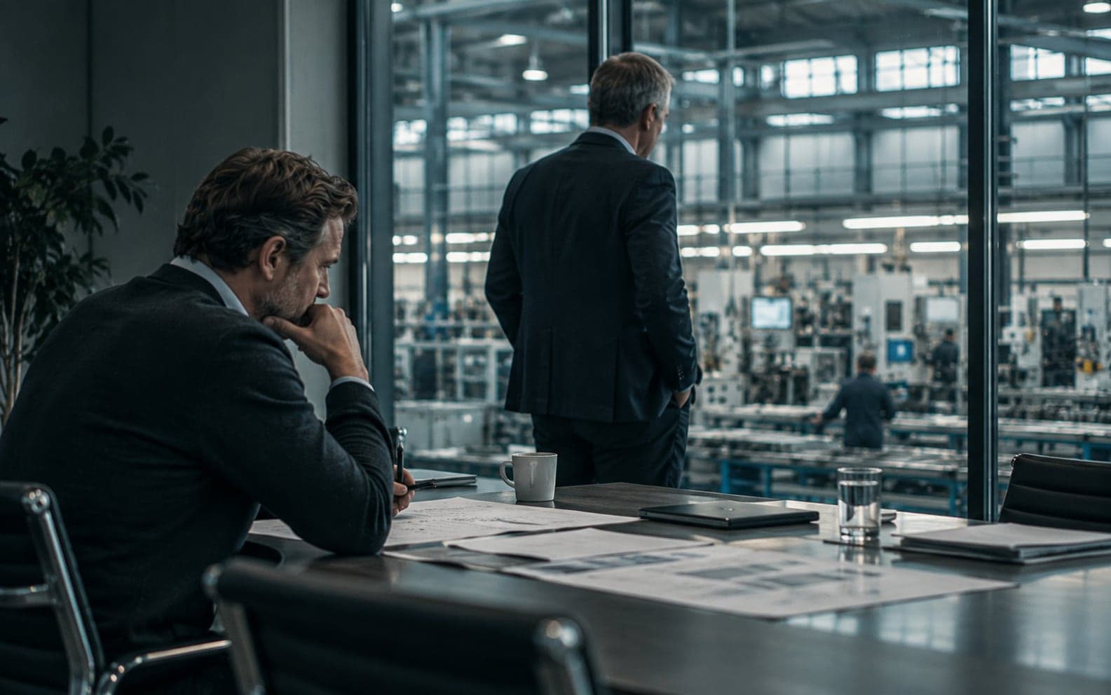 Geschäftsführer im Besprechungsraum mit Blick auf die eigene Produktionshalle