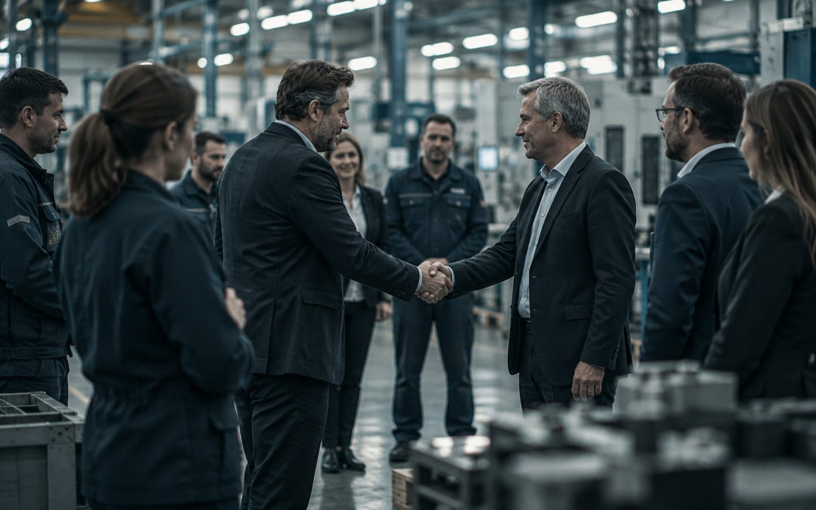Handschlag zweier Manager in der Produktionshalle, umgeben von beiden Teams